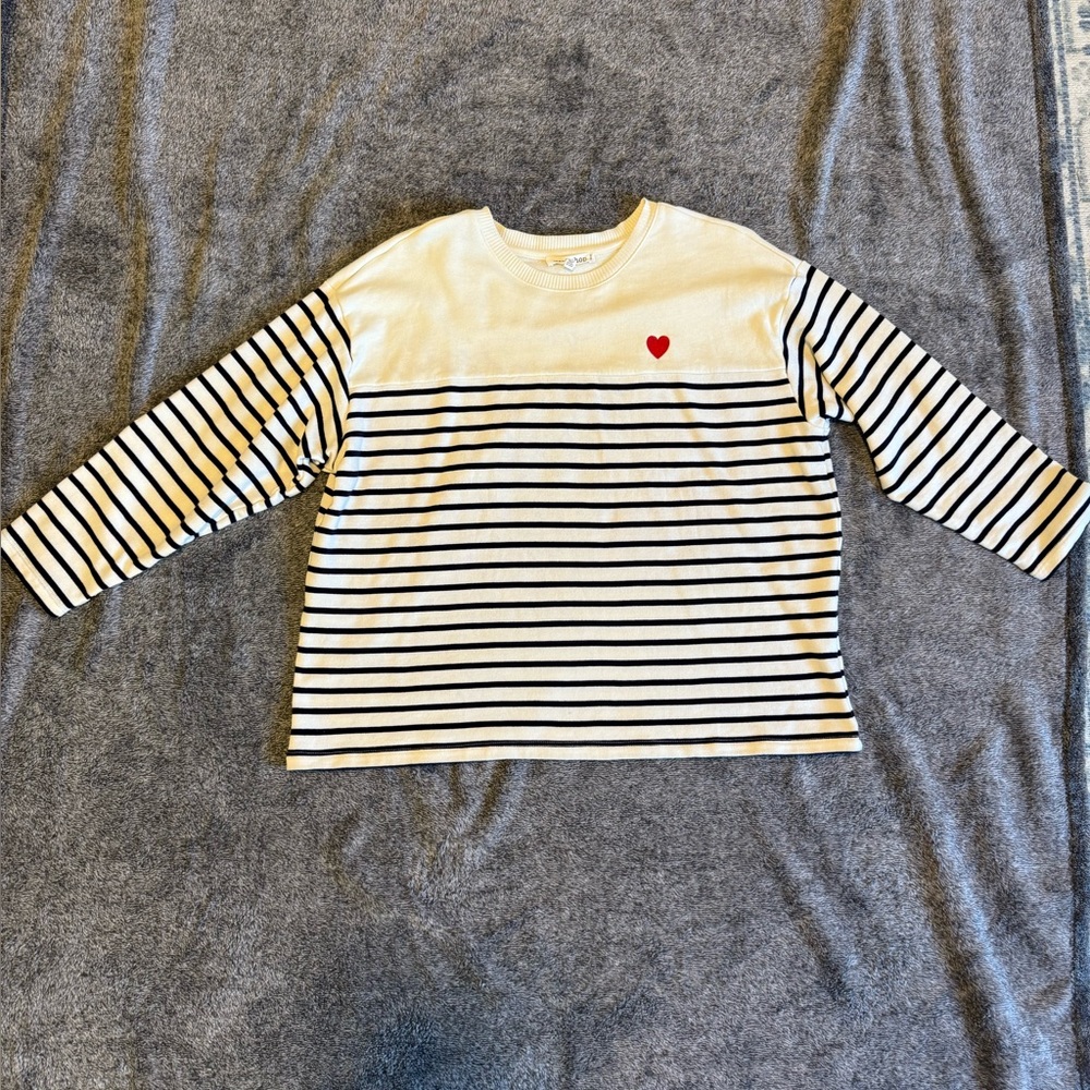 Workshop Republic Clothing White and Blue Striped Women’s Tee with Red Heart